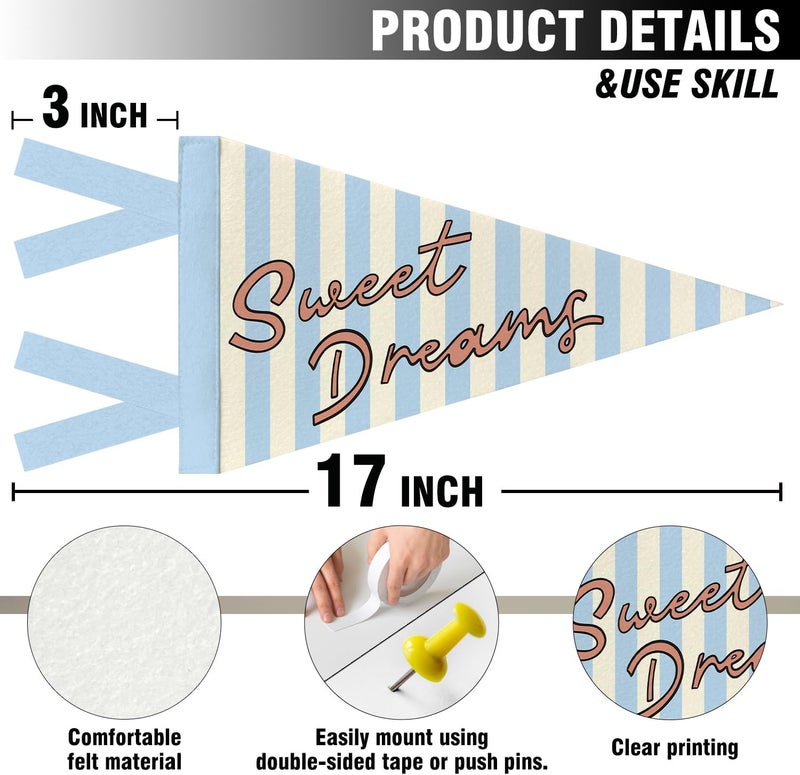 JXREQ Sweet Dreams Pennants Banners Flags for Kids Room Decor, Retro Blue Striped Canvas Wall Art Decor for Kids Nursery Room Toddler Little Boy Girl Bedroom, 8x17 Inch - Image 2